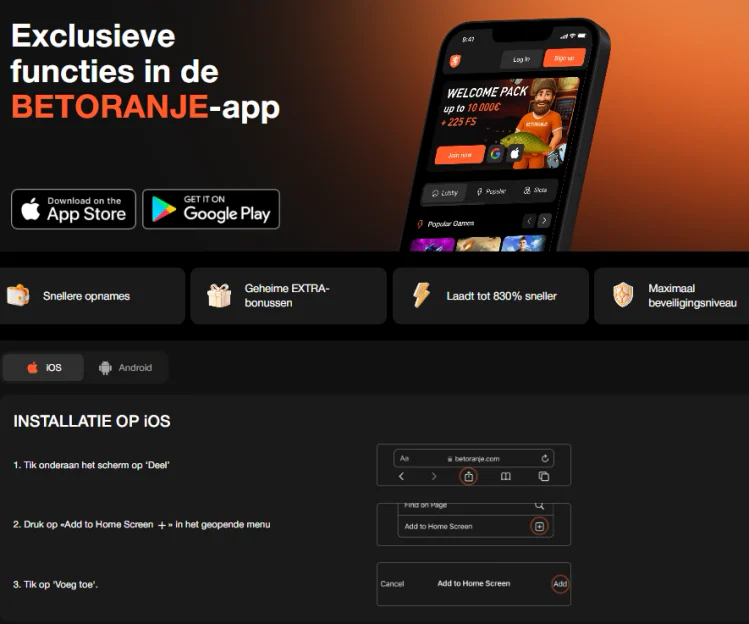 Registratieformulier van Betoranje met e-mailadres, wachtwoord en welkomstpakket tot €11.500 plus 400 gratis spins